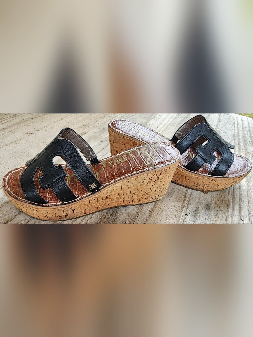 SAM EDELMAN 6M Regis Black Leather Cork Wedge Platform Slide Sandals EUC Logo